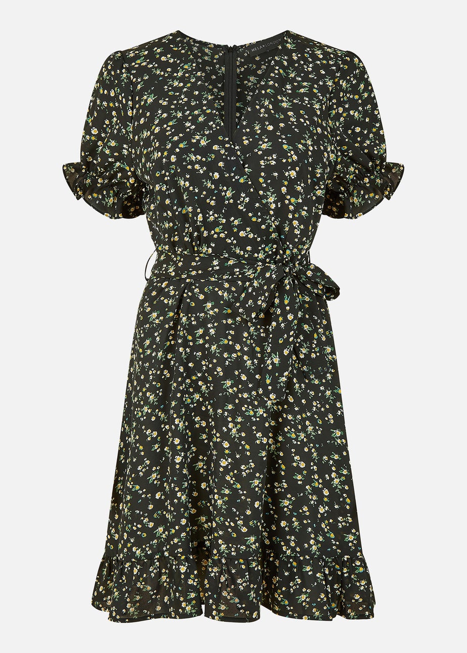 Mela Black Ditsy Print Wrap Dress With Frill Details
