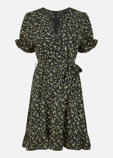 Mela Black Ditsy Print Wrap Dress With Frill Details