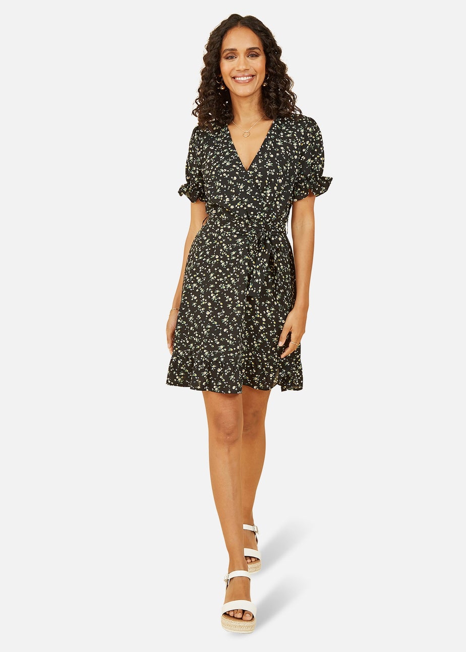 Mela Black Ditsy Print Wrap Dress With Frill Details