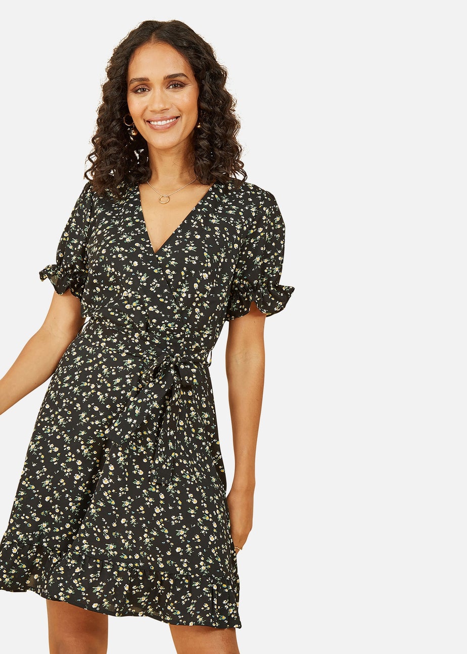 Mela Black Ditsy Print Wrap Dress With Frill Details