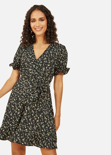 Mela Black Ditsy Print Wrap Dress With Frill Details
