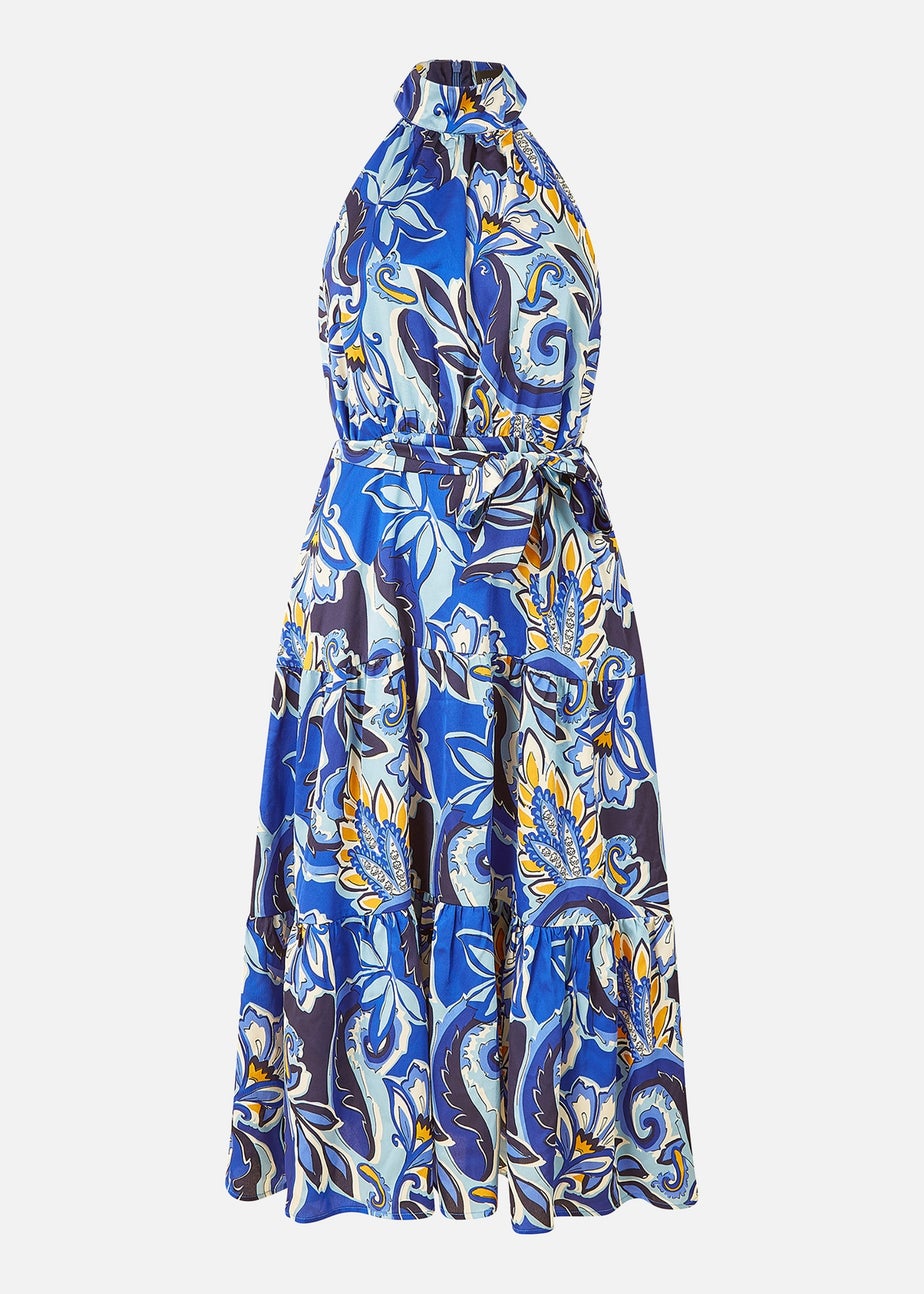 Mela Blue Paisley Floral Halter Neck Midi Dress