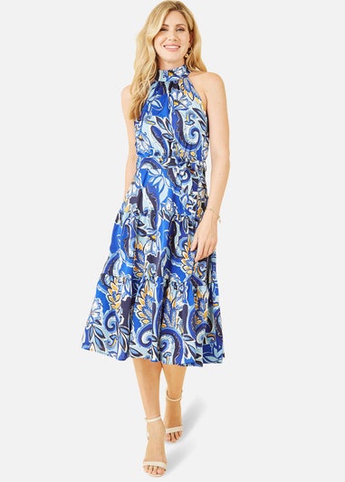 Mela Blue Paisley Floral Halter Neck Midi Dress