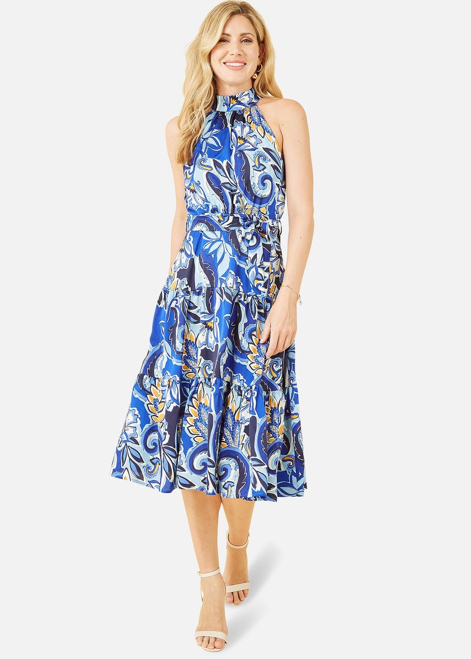 Mela Blue Paisley Floral Halter Neck Midi Dress