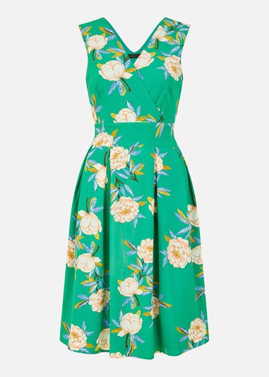 Mela Green Floral Wrap Over Sleeveless Skater Dress