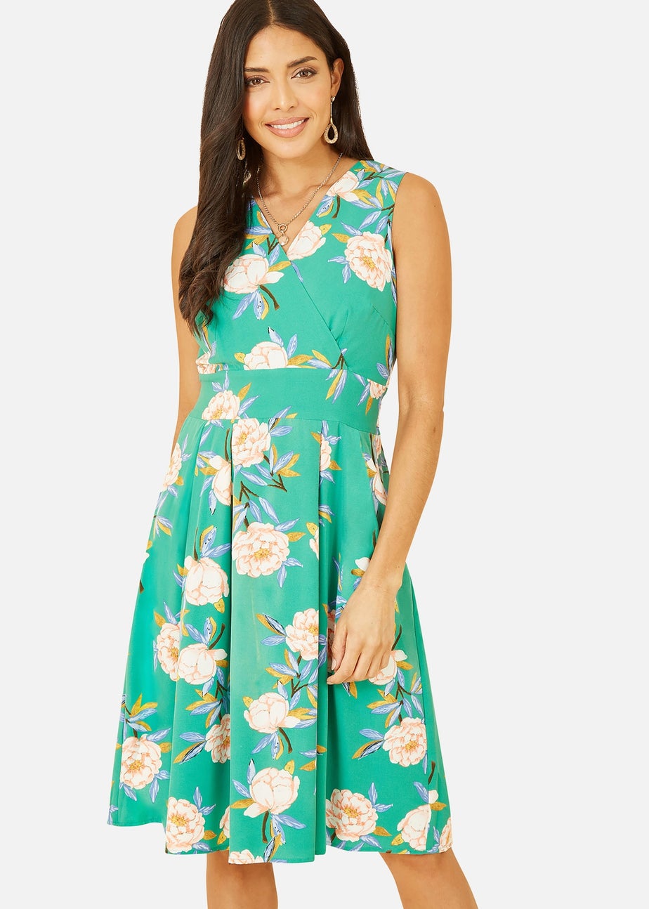 Mela Green Floral Wrap Over Sleeveless Skater Dress