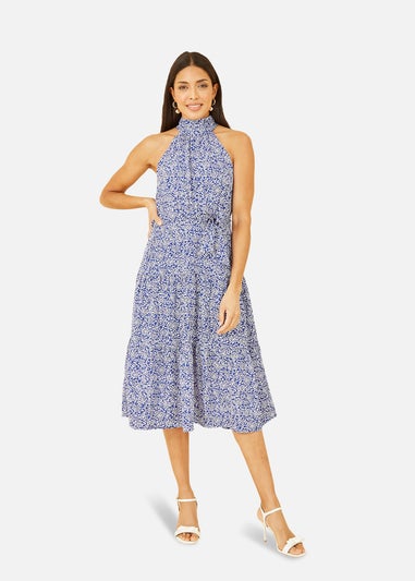 Mela Blue Ditsy Floral Halter Neck Midi Dress