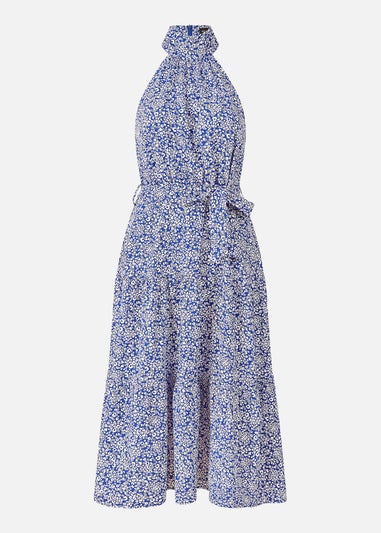Mela Blue Ditsy Floral Halter Neck Midi Dress