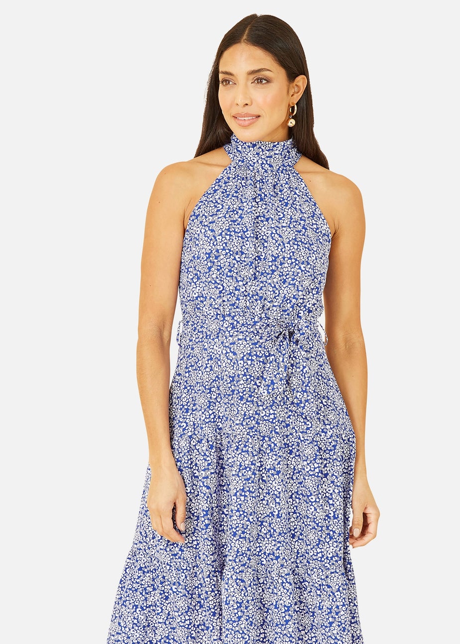 Mela Blue Ditsy Floral Halter Neck Midi Dress