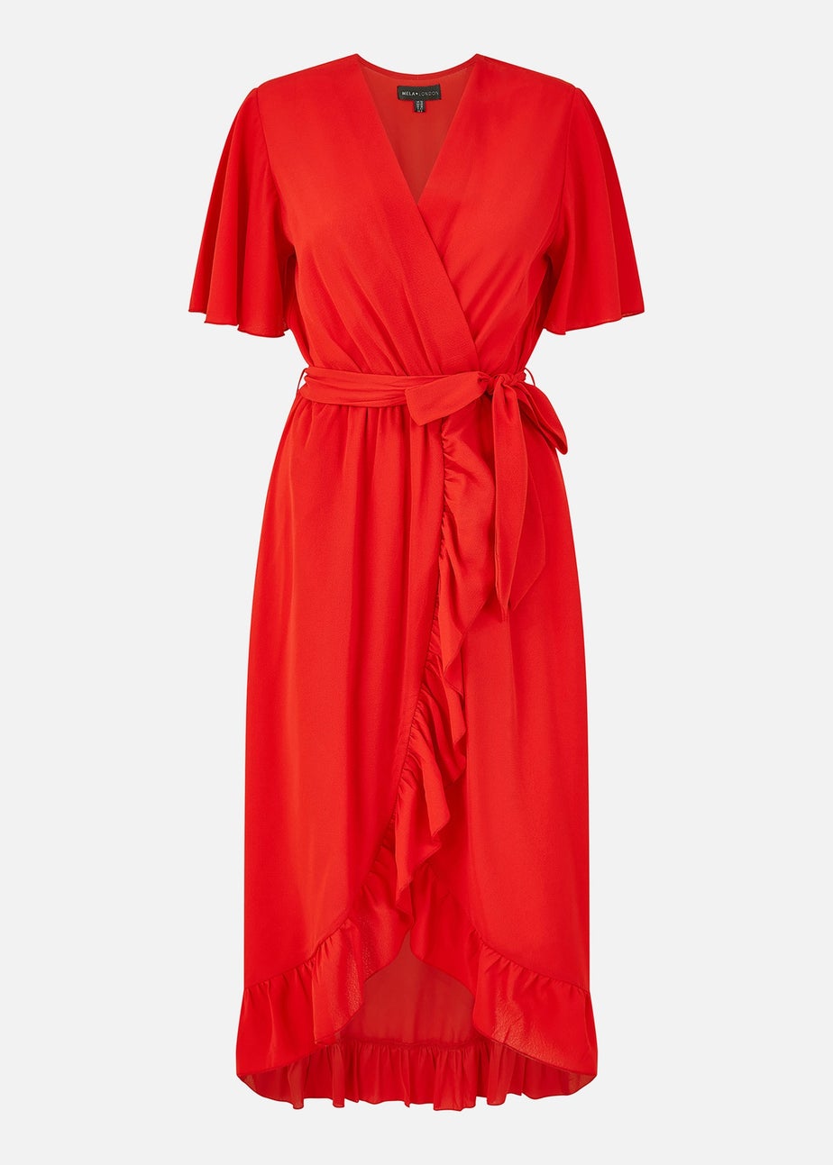Mela Red Wrap Over Frill Hem Dress