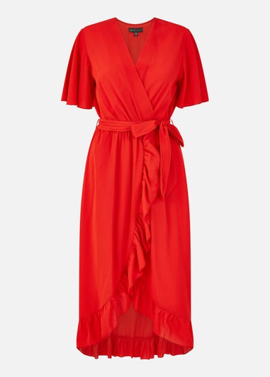 Mela Red Wrap Over Frill Hem Dress
