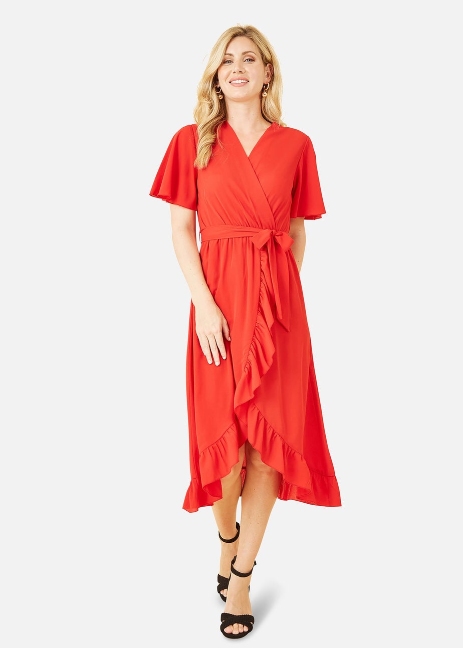 Mela Red Wrap Over Frill Hem Dress