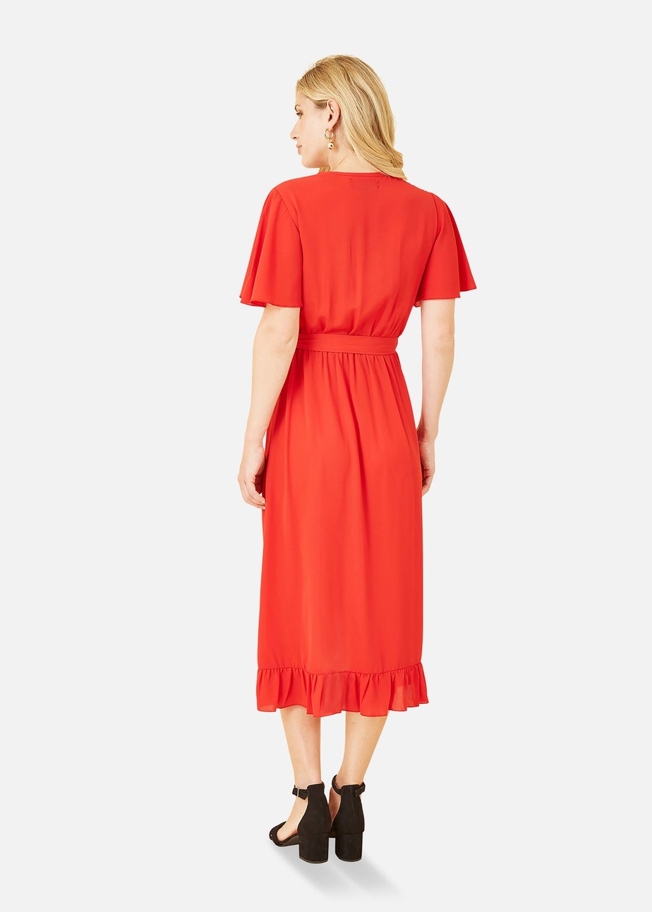 Mela Red Wrap Over Frill Hem Dress