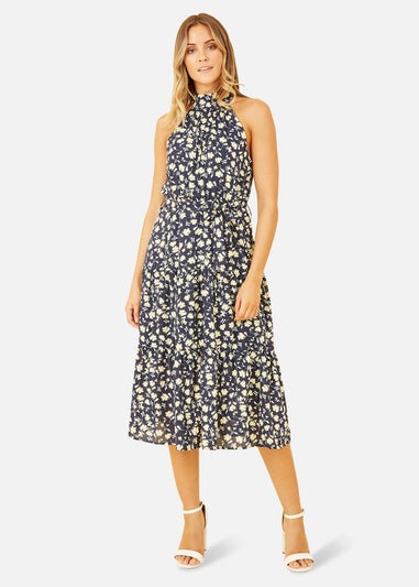 Mela Navy Halter Neck Floral Midi Dress