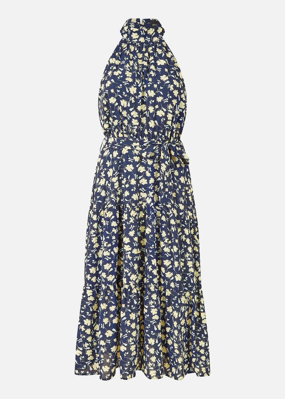 Mela Navy Halter Neck Floral Midi Dress