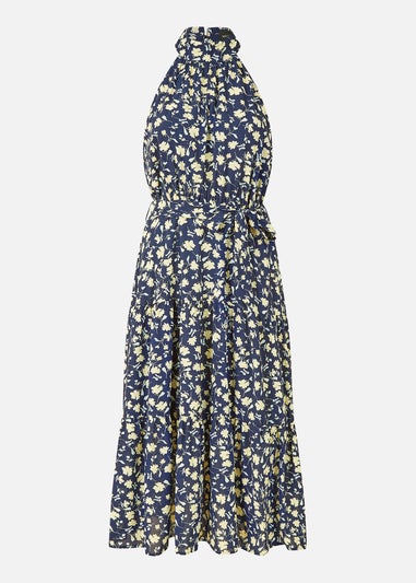 Mela Navy Halter Neck Floral Midi Dress