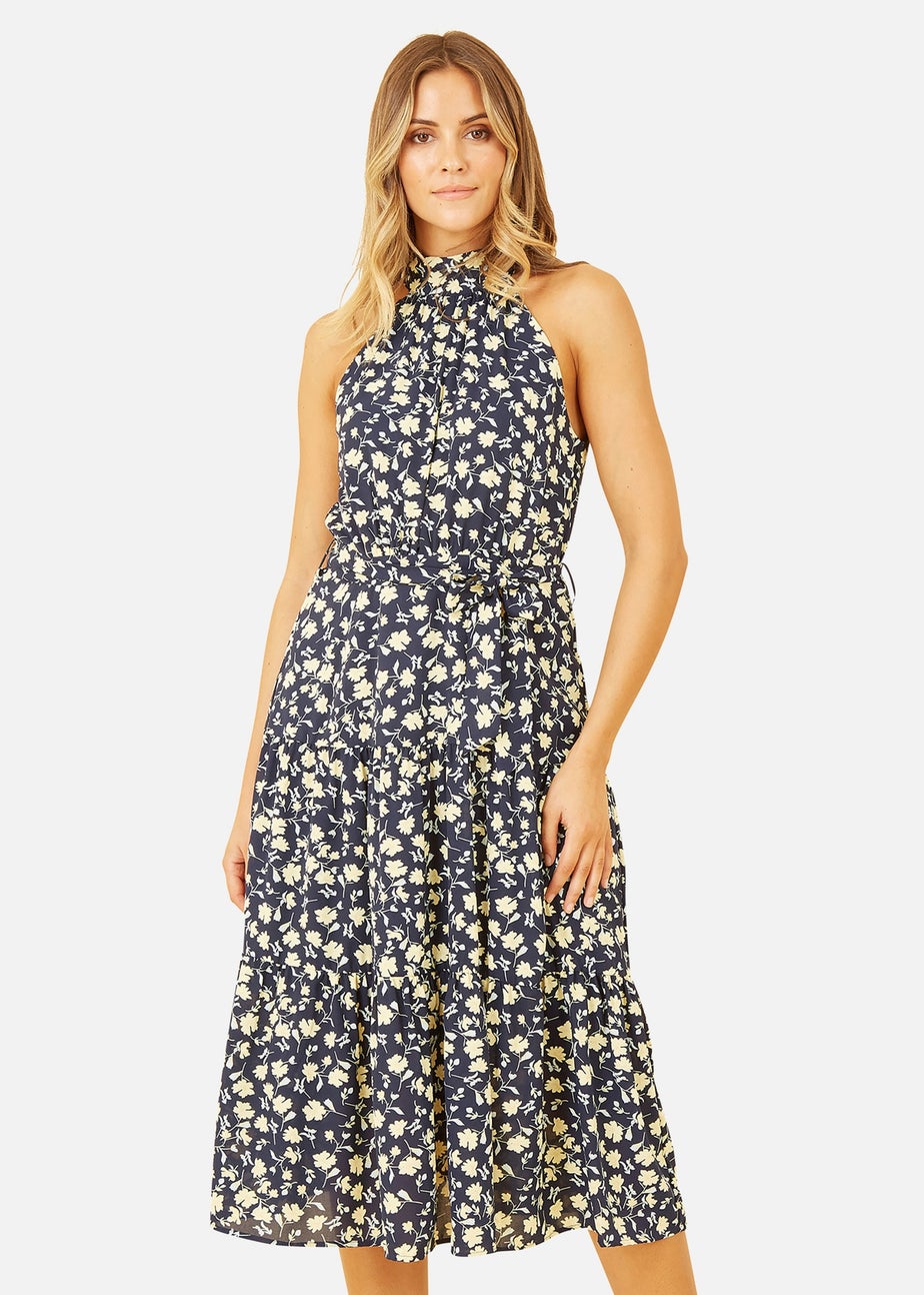 Mela Navy Halter Neck Floral Midi Dress