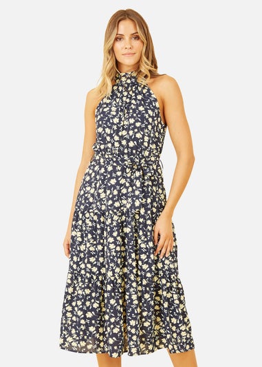 Mela Navy Halter Neck Floral Midi Dress