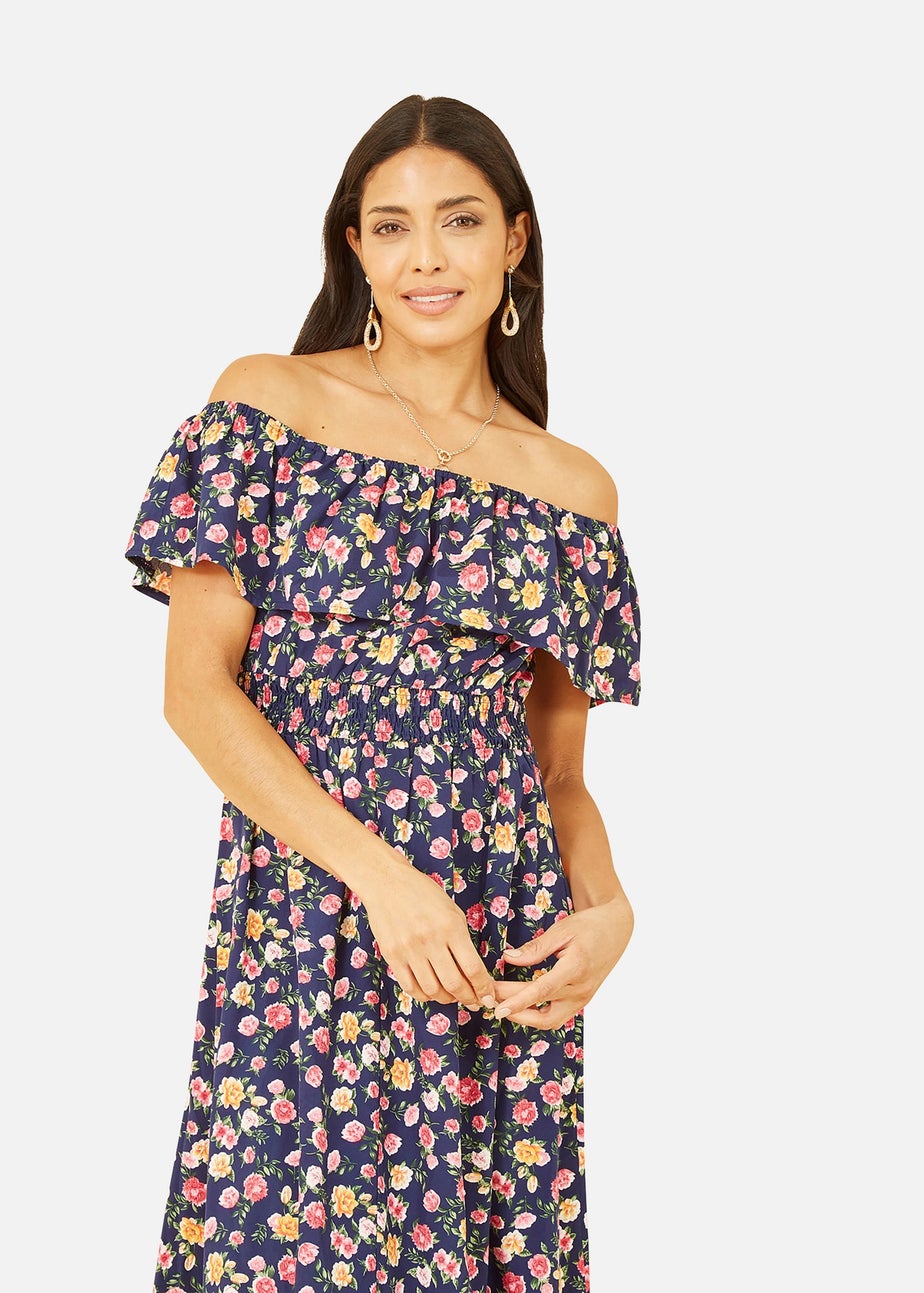 Mela Navy Bardot Floral High Low Maxi Dress