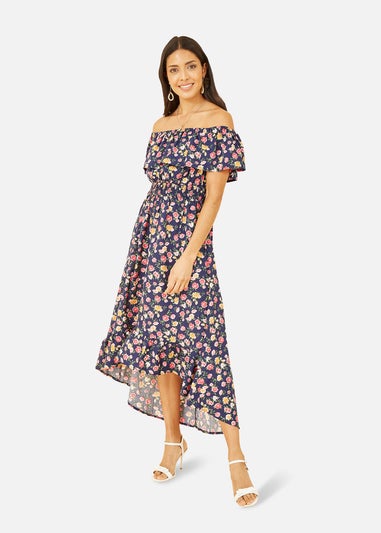 Mela Navy Bardot Floral High Low Maxi Dress