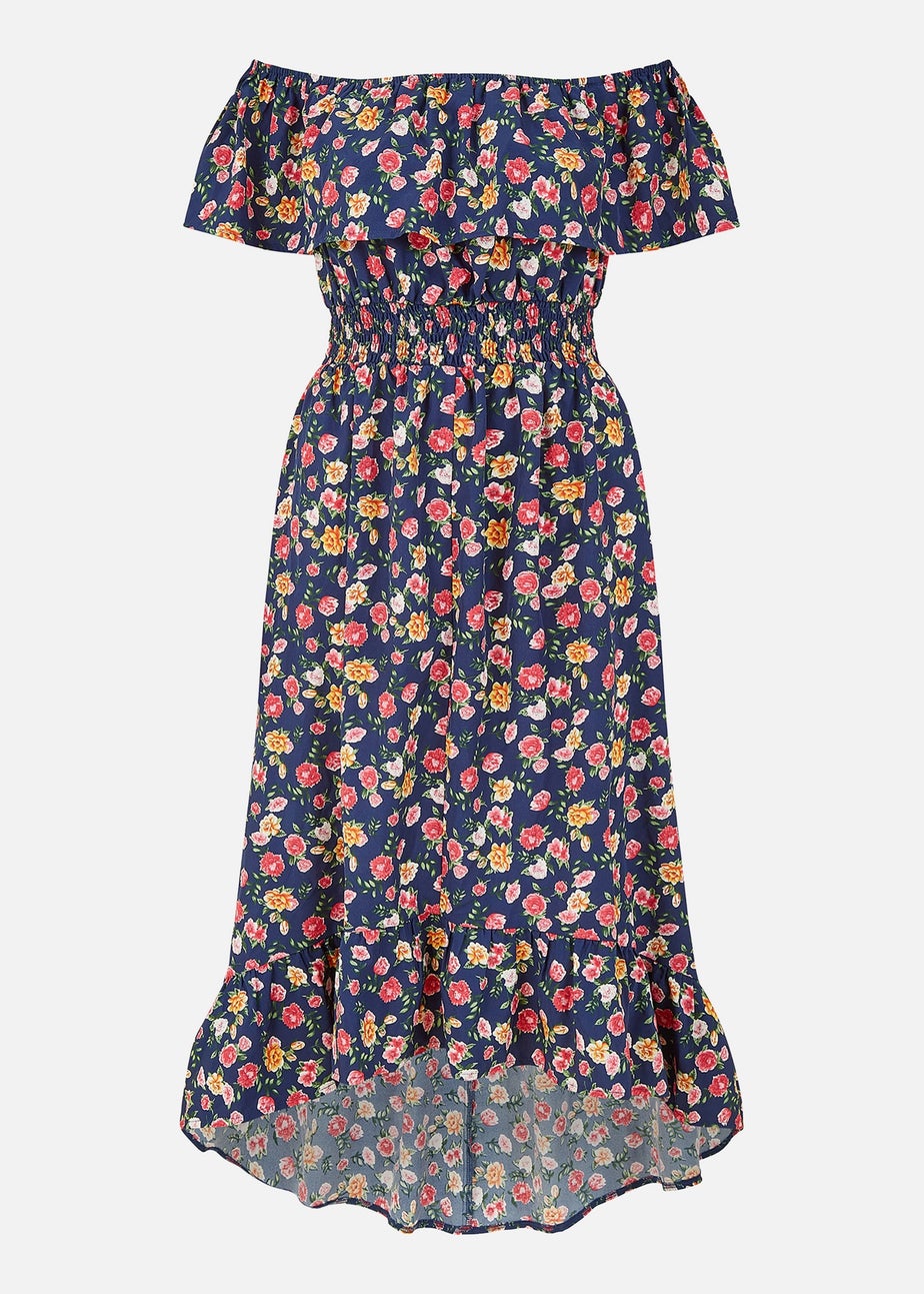 Mela Navy Bardot Floral High Low Maxi Dress