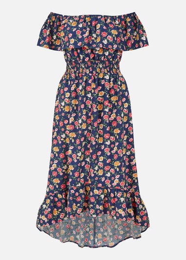 Mela Navy Bardot Floral High Low Maxi Dress