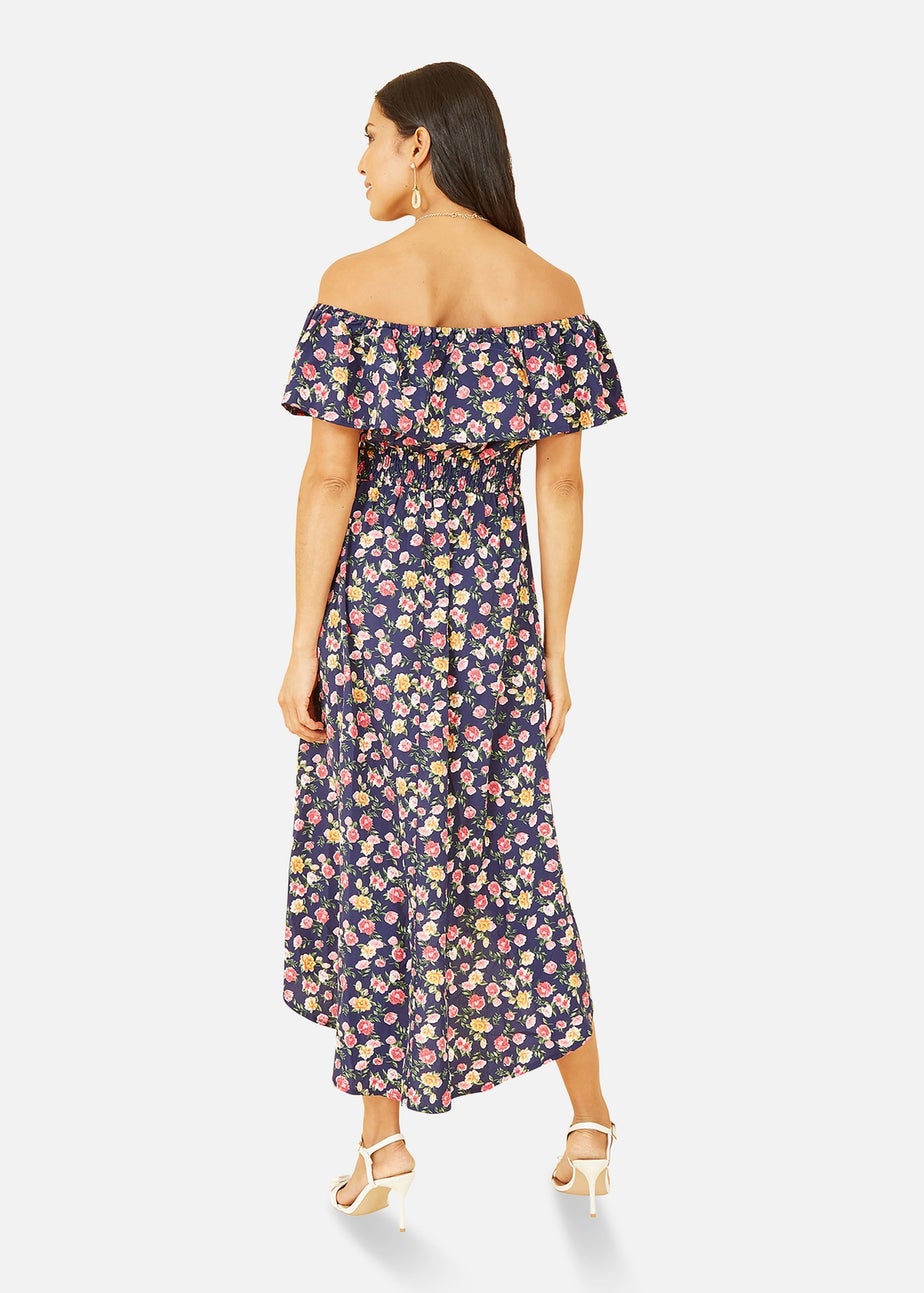 Mela Navy Bardot Floral High Low Maxi Dress