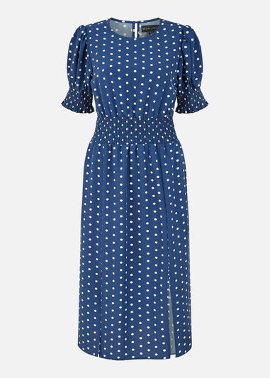 Mela Navy Spot Print Shirred Waist Midi Dress