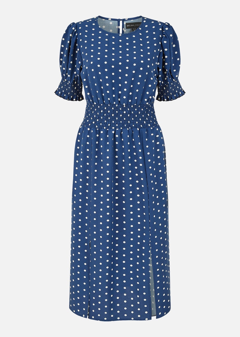 Mela Navy Spot Print Shirred Waist Midi Dress