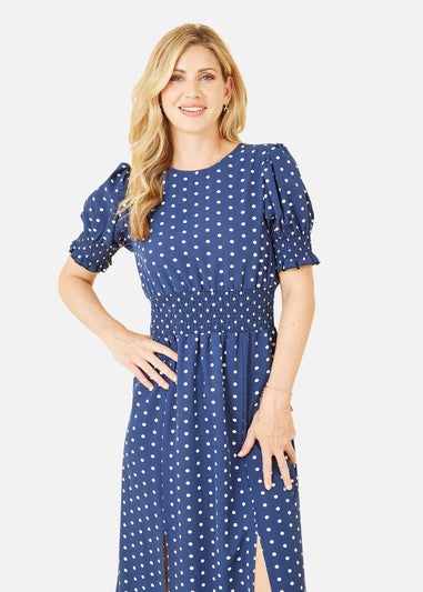 Mela Navy Spot Print Shirred Waist Midi Dress
