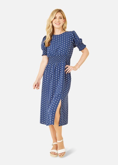 Mela Navy Spot Print Shirred Waist Midi Dress