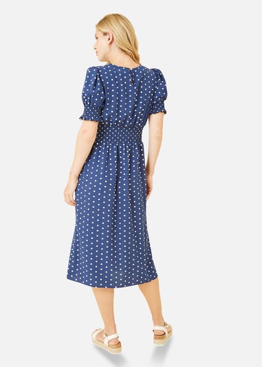 Mela Navy Spot Print Shirred Waist Midi Dress