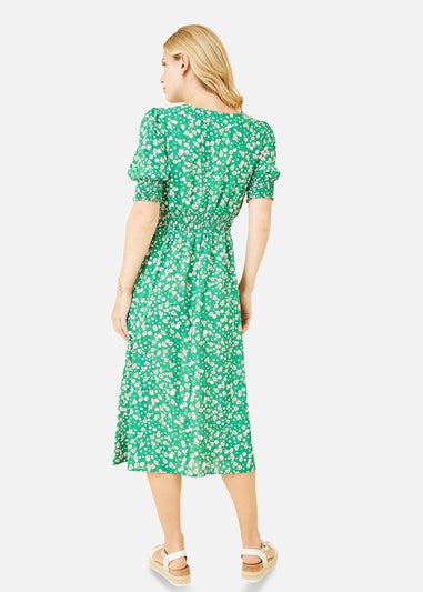 Mela Green Floral Print Ruched Waist Midi Dress
