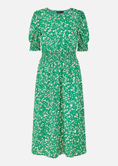 Mela Green Floral Print Ruched Waist Midi Dress