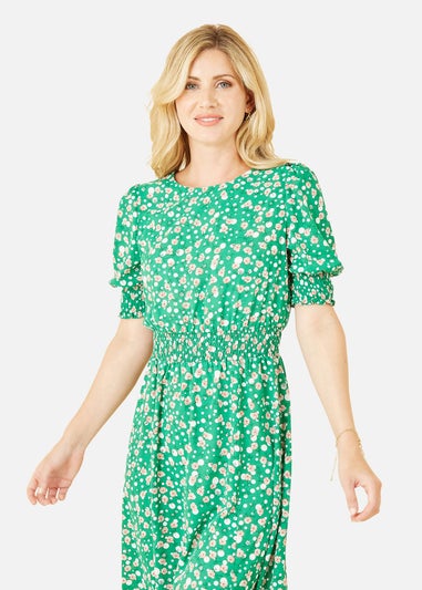 Mela Green Floral Print Ruched Waist Midi Dress