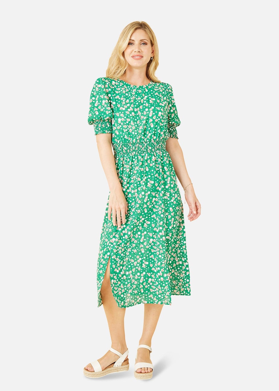 Mela Green Floral Print Ruched Waist Midi Dress