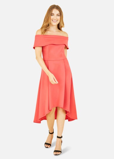 Mela Red Bardot Dipped Hem Dress
