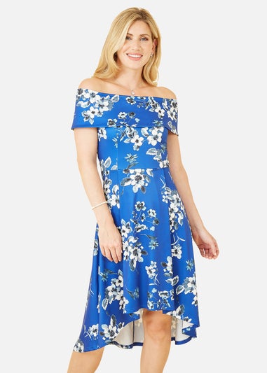 Mela Blue Floral Bardot Dipped Hem Dress
