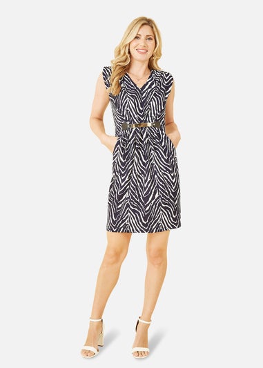 Mela Navy Zig Zag Jersey Pocket Dress With Gold Bar Detail