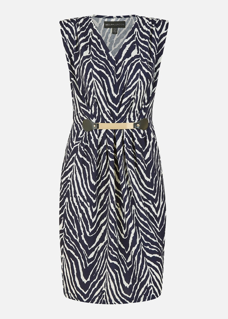 Mela Navy Zig Zag Jersey Pocket Dress With Gold Bar Detail