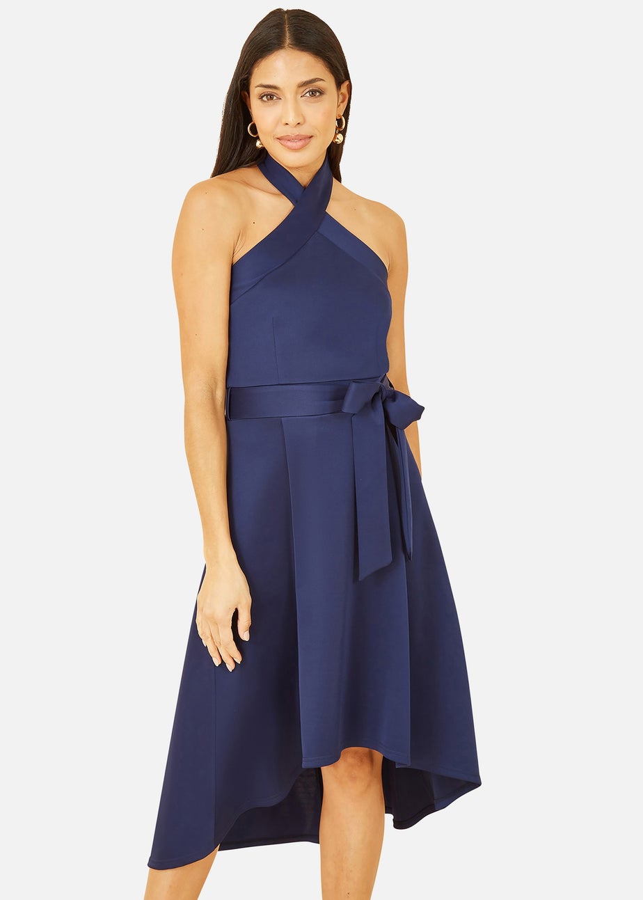 Mela Navy Halter neck Dipped Hem Skater Dress
