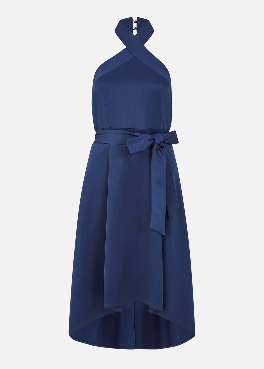 Mela Navy Halter neck Dipped Hem Skater Dress