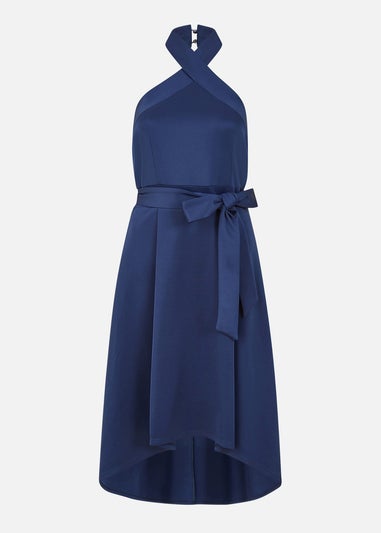 Mela Navy Halter neck Dipped Hem Skater Dress