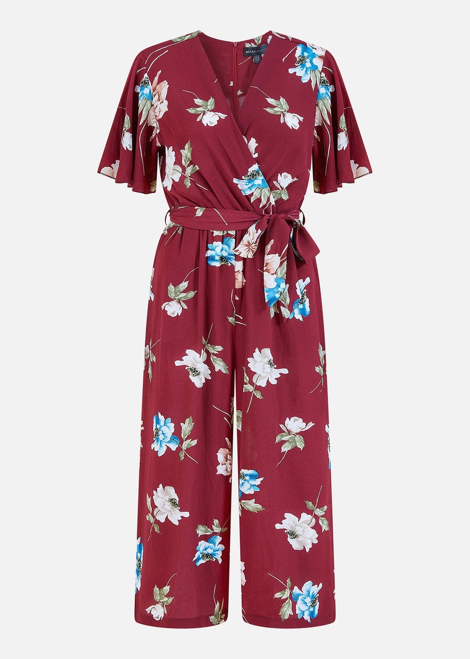Mela Burgundy Floral Print Jumpsuit With Angel Sleeves