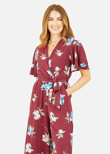 Mela Burgundy Floral Print Jumpsuit With Angel Sleeves
