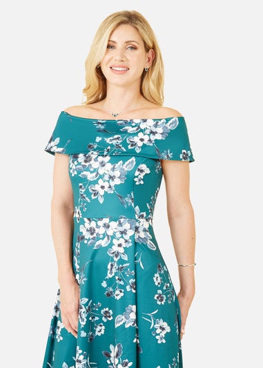 Mela Green Floral Bardot Dipped Hem Dress