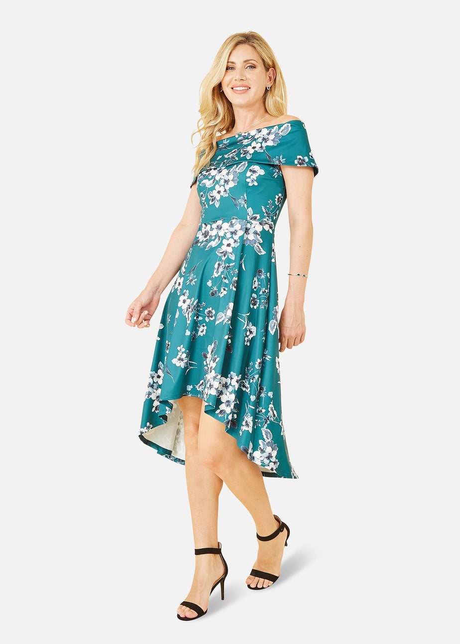 Mela Green Floral Bardot Dipped Hem Dress