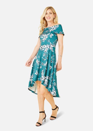 Mela Green Floral Bardot Dipped Hem Dress