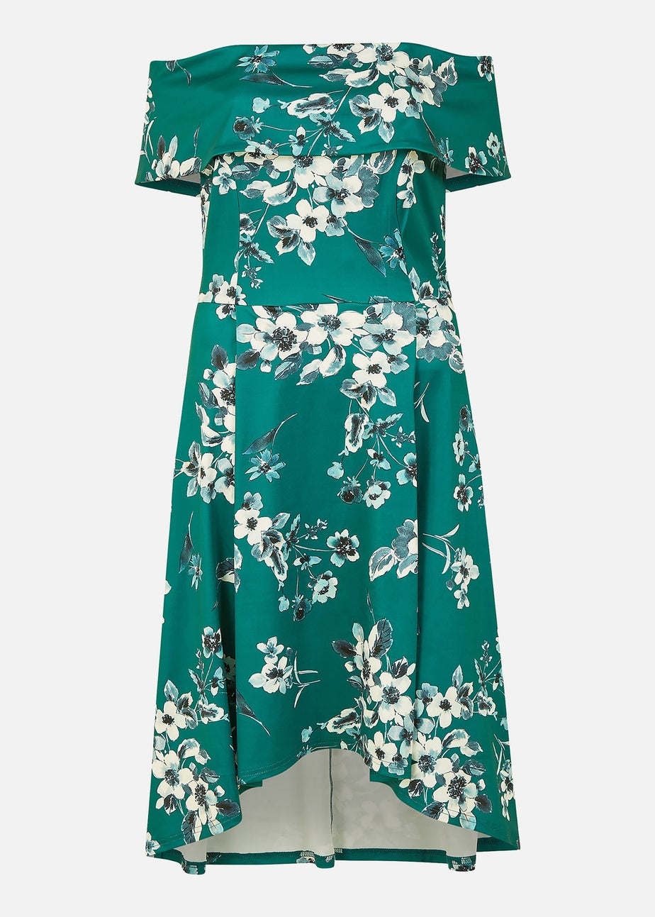Mela Green Floral Bardot Dipped Hem Dress
