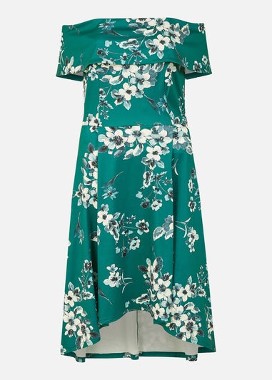Mela Green Floral Bardot Dipped Hem Dress